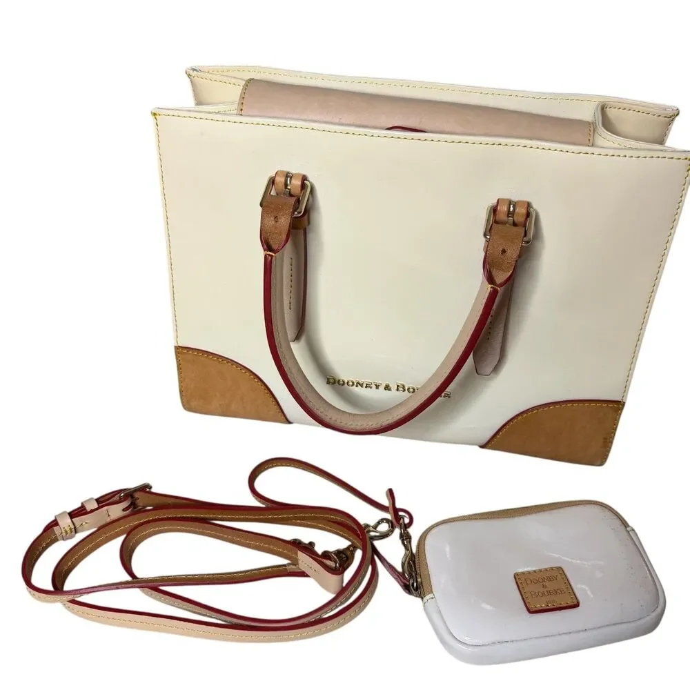 Dooney & Bourke Janine Patent Leather Satchel Purse Bag Cream Brown